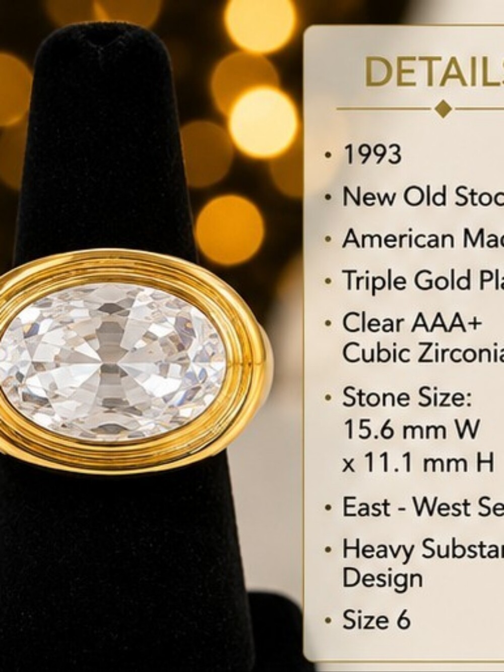 Vintage 1993 AAA+ CZ Ring 18K Triple Gold Plated East West Size 6 - Picture 3 of 13